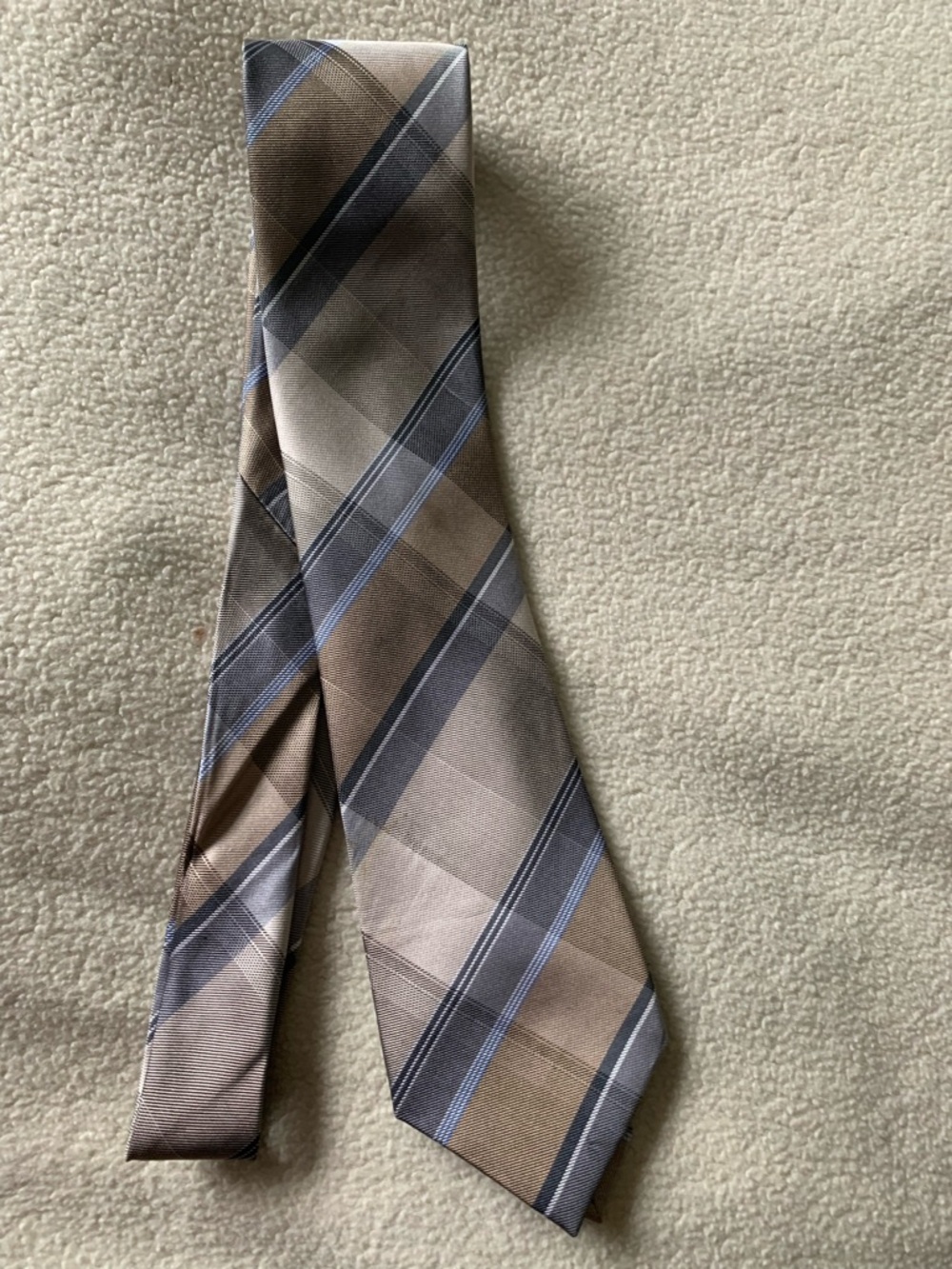 Kenneth Cole Brown Plaid Tie with Blue Stripes